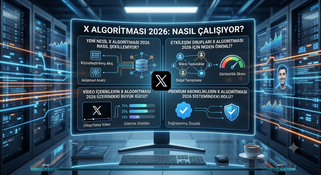 X algoritması 2026 veri analiz grafikleri ve yapay zeka sembolleri